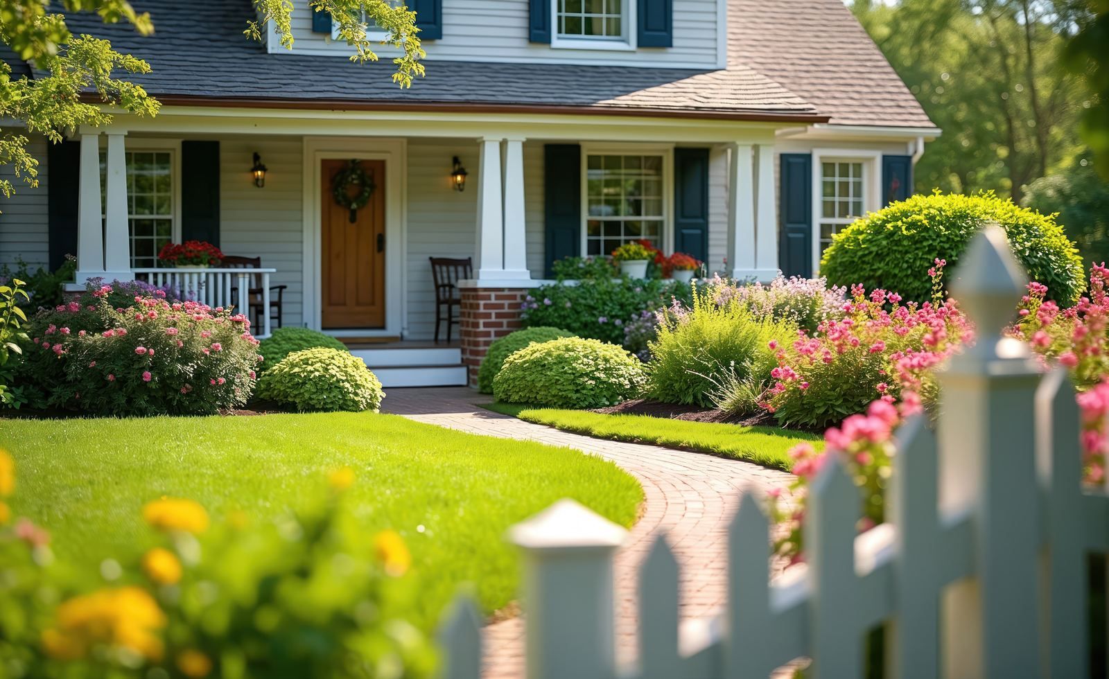 Classic Long Island home with a white picket fence and landscaped garden